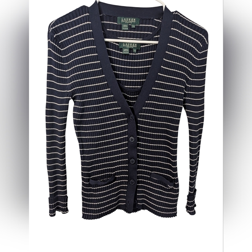 Lauren Ralph Lauren ,Women's Navy Striped Ribbed Cardigan Set, Size Pm